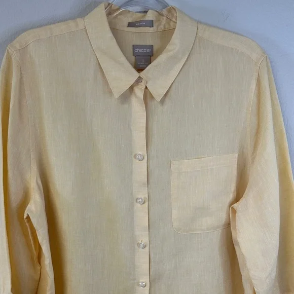Chico's No Iron Linen Soft Yellow Button-Down Shirt Plus Size 16/18 - Picture 3 of 6